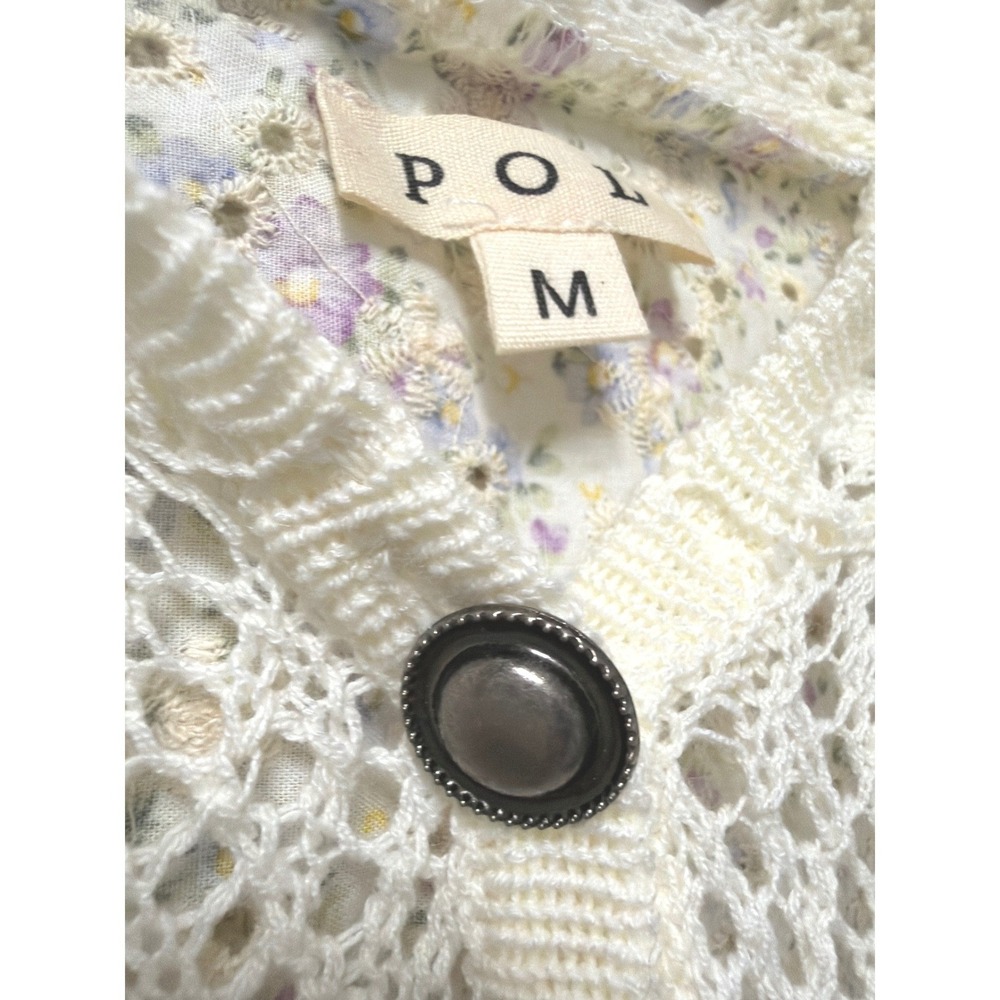POL Crochet Knit Floral Puff Sleeve Hooded Cardigan Sweater Cream M Y2K Coquette - Picture 3 of 12